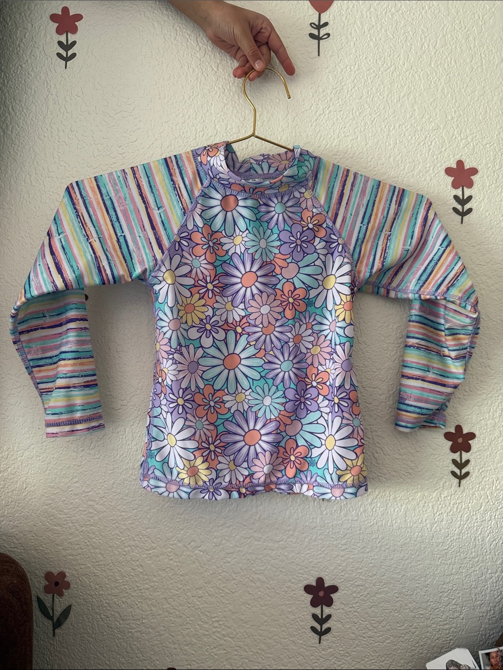 Kids Floral Stripe Long-Sleeve Swim Top - Purple/Multi